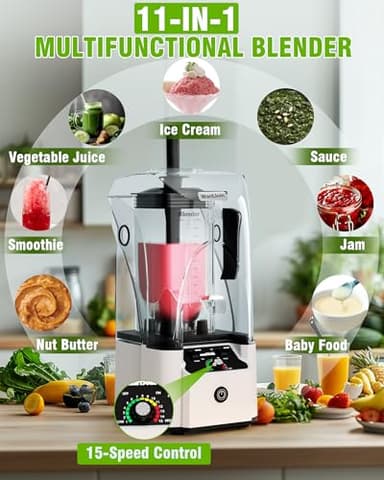 WantJoin Quiet Blender - Kitchen Blender with Soundproof, 2.5 HP Copper Motor, 80oz Jar, Multifunctional Silent Blenders for Smoothies, Juice, Soups, Sauce, w/ 15 Speeds, Stainless Steel 6-blade Combo - Image 2