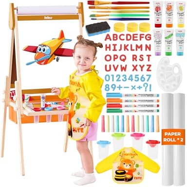 Belleur All-in-One Art Easel for Kids, Adjustable Double Sided Wooden Easel for Toddlers with Magnetic Whiteboard & Chalkboard, Paper Roll, Art Supplies, Child Painting Easel for Kid 2-8 Birthday Gift - Image 1