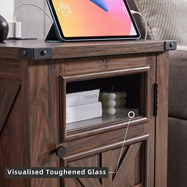 JXQTLINGMU Farmhouse End Table with Charging Station, 18'' Rustic Nightstand with Barn Door & Adjustable Shelf, Wooden Sofa Side Table with 3-Tier Storage for Living Room, Bedroom, Brown - Image 5