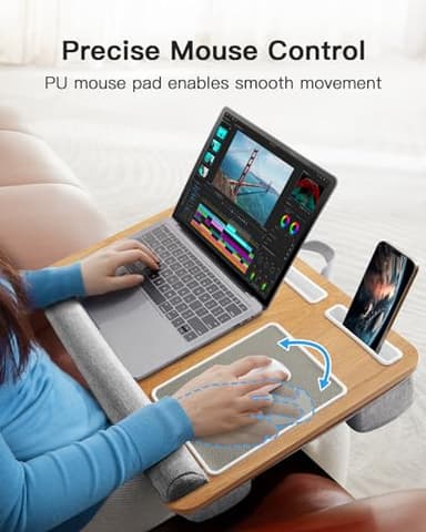 HUANUO Lap Desk - Fits up to 17 inches Laptop Desk, Built in Mouse Pad & Wrist Pad for Notebook, Laptop, Tablet, Lap Stand with Tablet, Pen & Phone Holder (Wood Grain) - Image 4