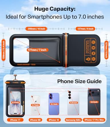 TORRAS IP68 Waterproof Phone Pouch Double Space, Floating Waterproof Phone Case with Lanyard for iPhone 17 Pro Max 16 15 14 S25 S24, Phone Dry Bag Vacation Cruise Ship Travel Essentials 7.0'', Black - Image 7
