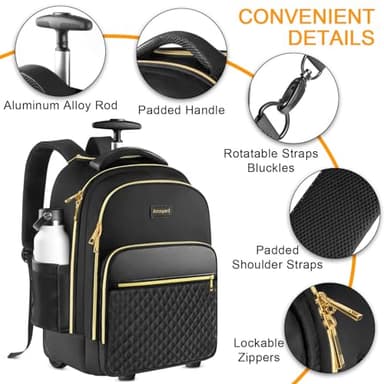 Arcoyard Rolling Backpack for Women, 17 inch Travel Laptop Wheeled Backpack with USB Charging Port for Adults, Large Water Resistant Carryon Luggage Roller Bag Flight Approved for Work College, Black - Image 3