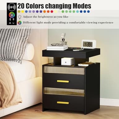 Nightstand with Charging Station and LED Lights, Night Stand with 2 Drawers, Wood Smart Bedside Table, Modern Bed Side Table for Bedroom, Black - Image 4