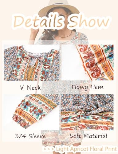 Bluetime Women Casual Summer Dress Boho V Neck 3/4 Sleeve Babydoll Floral Print Flowy Beach Dress (L, Light Apricot) - Image 6