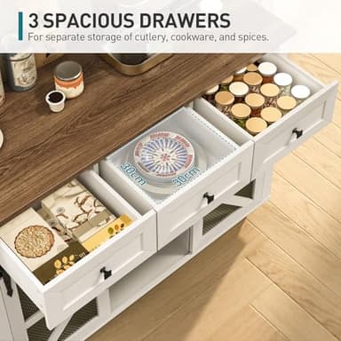 RALGEND Kitchen Island with Storage, 55" Kitchen Cart with Charging Station, Rolling Kitchen Island Table with Drop-Leaf, 3 Drawers, Barn Doors, Towel Rack and Spice Rack, White and Walnut - Image 7