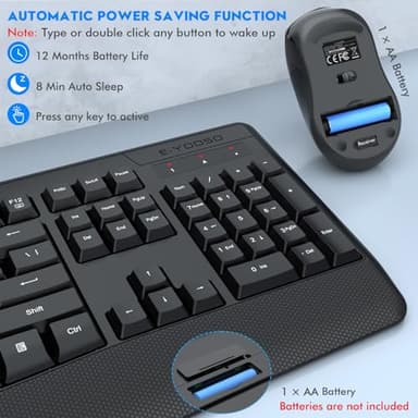 Wireless Keyboard and Mouse Combo, E-YOOSO 2.4GHz Full Sized Ergonomic Wireless Keyboard with Wrist Rest, 3 DPI Adjustable and 6 Buttons Cordless USB Mouse for Computer, Laptop, PC, Windows (Black) - Image 5