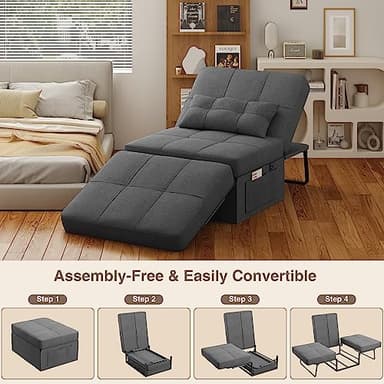 Aiho Sleeper Chair Bed 4 in 1 Sofa Bed, Assembly-Free Folding Ottoman with Adjustable Backrest and Pillow, Modern Breathable Linen Convertible Chair for Living Room Apartment Office, Dark Grey - Image 7