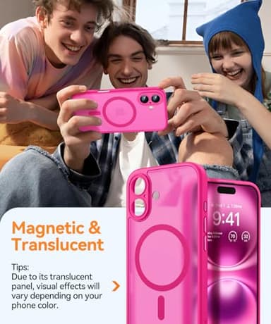CANSHN Magnetic for iPhone 16 Case, Upgraded [Full Camera Protection] [Compatible with Magsafe] [Translucent Matte] Shockproof Protective Phone Case for iPhone 16 - Hot Pink - Image 3