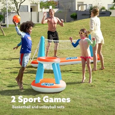 JOYIN Inflatable Pool Float Set Volleyball Net & Basketball Hoops, Floating Swimming Game Toy for Kids and Adults, Summer Floaties, Volleyball Court (105”x28”x38”)|Basketball (27.6”x23”),L-Orange - Image 3