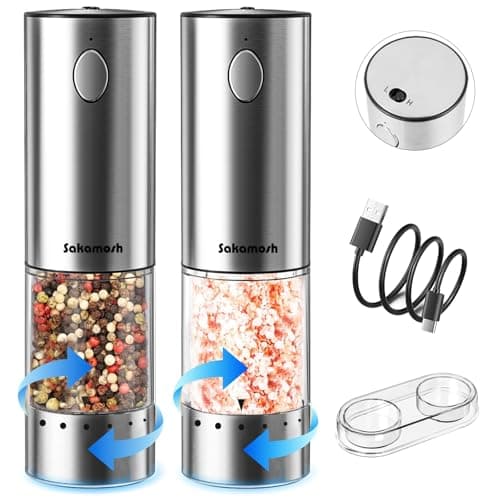 SAKAMOSH Electric Salt and Pepper Grinder Set Rechargeable, Auto One-handed Operation Pepper Mill with LED Light, EXT. Coarseness Adjustment, 2-Speed Control, Stainless Steel Salt Shakers (2 Pack) - Image 1