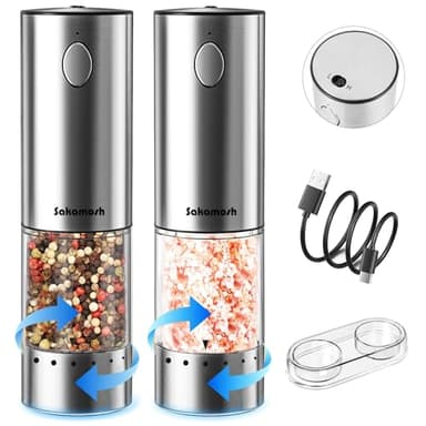 SAKAMOSH Electric Salt and Pepper Grinder Set Rechargeable, Auto One-handed Operation Pepper Mill with LED Light, EXT. Coarseness Adjustment, 2-Speed Control, Stainless Steel Salt Shakers (2 Pack) - Image 1