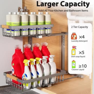 Liuoud Under Sink Organizer Storage 2 Pack, 2 Tier Slide Out Height Adjustable Pull Out Cabinet Organizer Drawer for Kitchen Bathroom Large Under Sink Shelf Rack Caddy for Pantry, Grey - Image 2