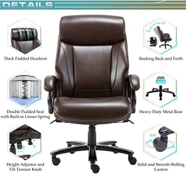Big and Tall Office Chair 400lbs-Heavy Duty Executive Desk Chair, High Back Ergonomic Leather Computer Chair with Tilt Rock&Tension, Padded Armrests-Brown - Image 4