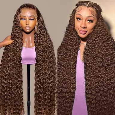 30 Inch Chocolate Brown Deep Wave Lace Front Wigs Human Hair 210 Density 13x6 HD Lace Frontal Wigs Human Hair Pre Plucked Deep Curly Brown Glueless Wigs Human Hair for Women - Image 1
