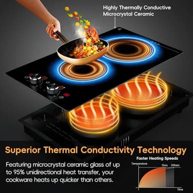 Zarbaco 2 Burner Electric Cooktop 220-240V, 3000W Radiant Electric Stove Top with Built-in Design, 12 inch Knob Control Ceramic Cooktop with Safety Lock, 9 Level Power, Timer - Hard Wire - Image 2