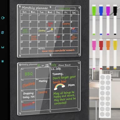 Magnetic Acrylic Calendar for Fridge,2 Pack 11"x15" Clear Fridge Calendar Dry Erase Magnetic Planning Boards Set for Refrigerator with 8 Colorful Highlight Markers - Image 1