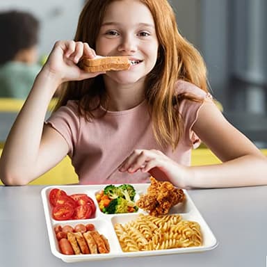 ECOLipak 100% Compostable 5 Compartment Plates, 125 Pack Disposable Paper Plates, Heavy-Duty Biodegradable Sugarcane Plates, Eco-Friendly School Lunch Trays - Image 2