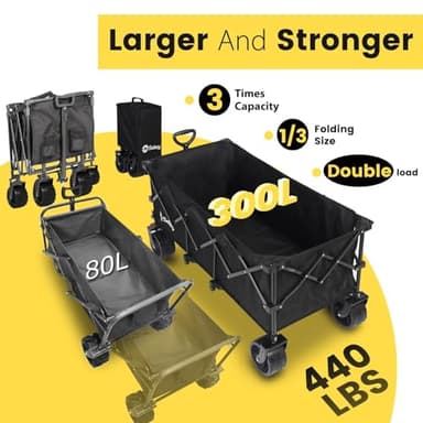 Sekey 48''L Collapsible Foldable Extended Wagon with 440lbs Weight Capacity, Heavy Duty 300L Folding Utility Garden Cart with Big All-Terrain Beach Wheels & Drink Holders. Black - Image 2