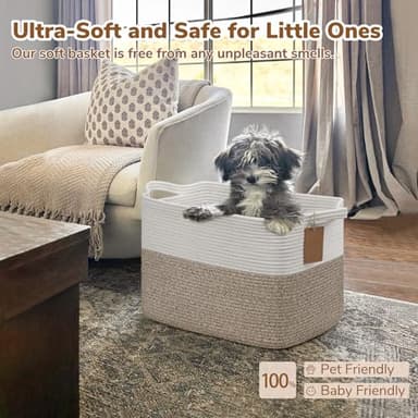 Goodpick Woven Storage Baskets for Organizing, Blanket Basket Living Room, Rope Baskets for Storage, Rectangle Toy Basket With Handles, Brown and White, 18 x 14 x 12 Inches - Image 6