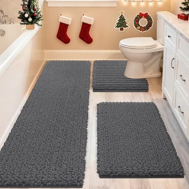 ACCUMTEK Upgrade Extra Large Grey Bathroom Rug Set 3 Pieces Gray Ultra Soft, Thick Absorbent Bath Mats, Non Slip Chenille Toilet Mat for Bathroom, Bedroom, Kitchen, Charcoal - Image 1
