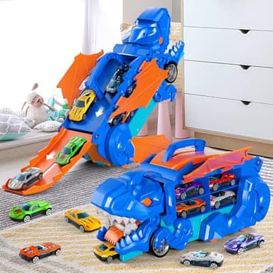 iHaHa Toddler Truck Toys for 3 4 5 6 Years Old Boys, Toys Cars Track Set Dinosaur Transporter Truck with 10 Die-Cast Car Toys, Transforms into Dino, Toddler Car Toys Set for Kids Boys Girls - Image 2