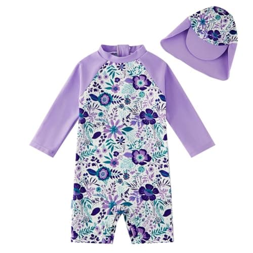 upandfast Baby/Toddler Girls Sunsuit Swimsuit with Snap Bottom UPF 50+ Infant One Piece Rashguard Swimwear (Purple Flower, 2-3T) - Image 1