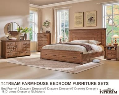 T4TREAM Farmhouse King Size Bed Frame with 54" Tall Geometric Headboard & 2 Large Storage Drawers, Rustic Wood Platform Bed with Wood Slats Support, No Box Spring Needed, Reclaimed Barnwood - Image 3