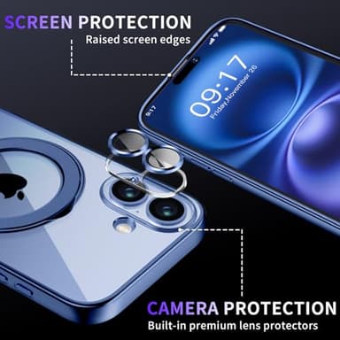 Magnetic for iPhone 16 Case with Invisible Stand[Compatible with MagSafe][Full Camera Lens Protector][Military Drop Protection] Shockproof Not Yellowing Clear Soft Slim for Women Men, Blue - Image 3