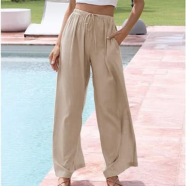 Duyang Womens Cotton Linen Palazzo Pants Drawstring Elastic Waist Casual Wide Leg Trousers with Pockets(Khaki,L) - Image 8