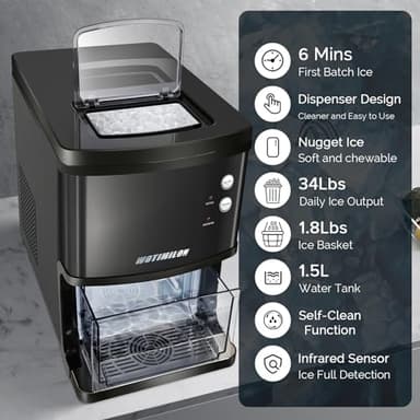 Nugget Ice Maker Countertop, Pebble Ice Maker Machine Pellet Sonic Ice Maker Dispenser Portable for Home/Kitchen/Office, Soft Chewable Ice, Making Ice in 6 Mins, 34Lbs/24H, Self-Cleaning, Ink Black - Image 2