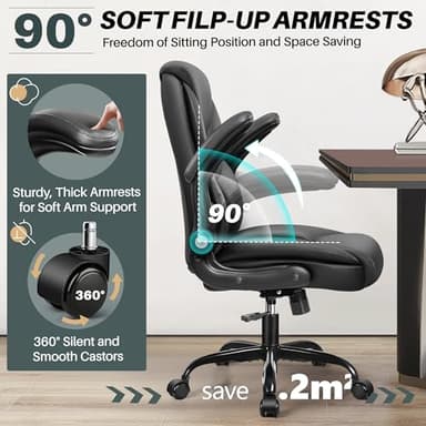 FelixKing Leather Office Chair - Small PU Ergonomic Desk Chair, Comfy Computer Chair with Wheels and Flip-up Armrests, Adjustable Height Mid Back Executive Office Chair for Short People-Black - Image 4