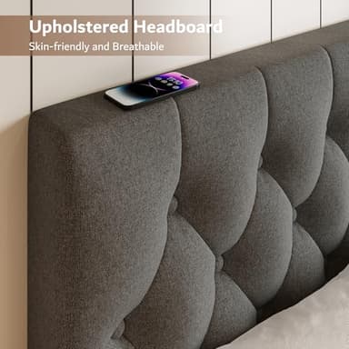 iPormis Upholstered King Size Bed Frame with Button Tufted Headboard, Linen Platform Bed with Thickened Support Legs, Noise-Free/No Box Spring Needed/Easy Assembly, Dark Grey - Image 3