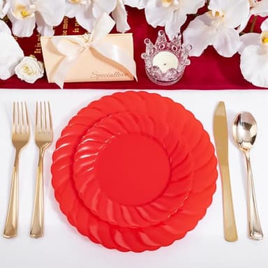 U-QE 100Pcs Red Plastic Plates - Red Scalloped Plastic Plates for Party - Heavy Duty Plastic Plates Disposable Include 50 6 '' Dessert Plates, 50 9 '' Dinner Plates Suite for All Occasions - Image 5