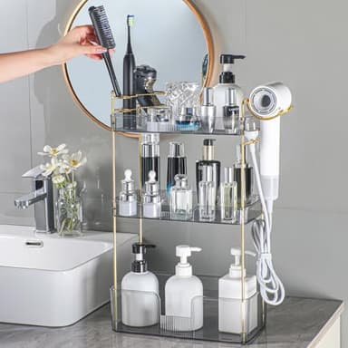 Shuang Qing Elegant Minimalist Bathroom Counter Organizer, 3 Tier - Grey - Image 5