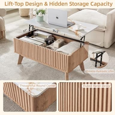 Auzonimics Lift Top Coffee Table with Faux Marble Tabletop, Mid Century Modern Coffee Table for Living Room,Wooden Fluted Rising Pull up Entertainment Center with Hidden Storage Drawer for Office, Oak - Image 6