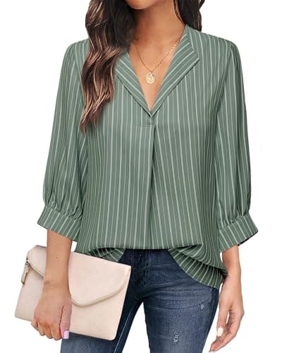 Unixseque Business Casual Tops for Women: Work Attire for Office - Spring Blouses for Women 2025 - Dress Shirts for Women 3/4 Sleeve Professional Formal Tops Dressy Ladies Tops Elegant Green Stripe M - Image 1