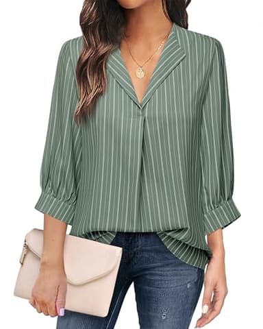 Unixseque Business Casual Tops for Women: Work Attire for Office - Spring Blouses for Women 2025 - Dress Shirts for Women 3/4 Sleeve Professional Formal Tops Dressy Ladies Tops Elegant Green Stripe M - Image 1