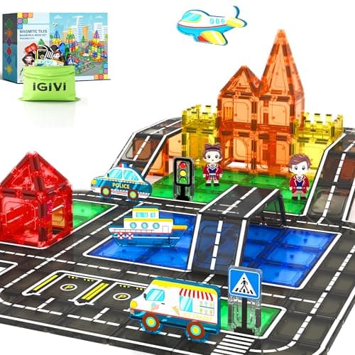 IGIVI Magnetic Tiles City Road Set with Magnet Car, Magnetic Blocks Building Toys for Kids, STEM Construction Toys for Toddlers, Gifts for 3+ Year Old Boys & Girls - Image 1