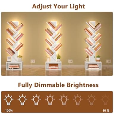 Hoctieon 6 Tier Tree Bookshelf, Tall Bookcase with Drawer, Freestanding Book Shelf with LED Lights, Display Floor Standing Storage Shelf, Book Organizer Shelves for Home Office, Living Room, White - Image 9