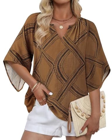 Bebonnie Womens 3/4 Sleeve V Neck Bohemian Peasant Blouses Casual Loose Fit Tunic Tops Diamond Brown XXL - Image 3