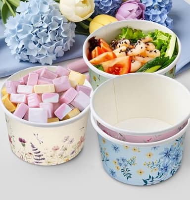 Nihuecne 100 Pcs 9 oz Floral Themed Disposable Dessert Paper Bowls in 5 Designs, Disposable Soup Bowls for Events, Game Day, Birthday Party Supplies, Perfect for Hot or Cold Food - Image 8