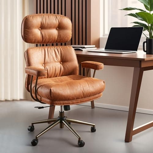ovios Ergonomic Home Office Chair, Mid-Century Modern Faux Leather Chairs with Thickened Cushions, Comfy High Back Swivel Rolling Executive Computer Armchair (Brown, Suede Leather) - Image 1