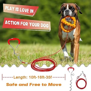 Supet Dog Tie Out Cable and Stake 32/16/10 ft Outdoor, Yard and Camping, for Medium to Large Dogs Up to 125 lbs, 16" Stake, 32/16/10 ft Cable with Durable Spring and Metal Hooks for Outdoor - Image 2