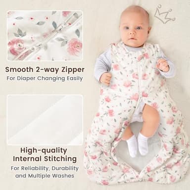 PHF 100% Cotton Baby Sleep Sack 0-6 Months, 2.5 TOG Winter Baby Wearable Blanket with 2-Way Zipper, Warm Comfy Quilted Sleeping Bags, Infant Sleeping Sack for Newborn Girls, Small Size, Pink Floral - Image 5