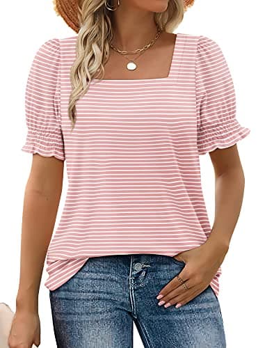 WIHOLL Spring Fashion Tops for Women Dressy Casual Summer Square Neck Shirts Cute Outfits 2025 Teacher Pink Stripe M - Image 1