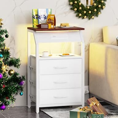 SZLHANJZ End Table with LED Lights, Nightstand with Charging Station and 3 Drawers, Small Side Table with Fabric Storage for Bedside, Living Room, Dorm, White and Walnut - Image 5