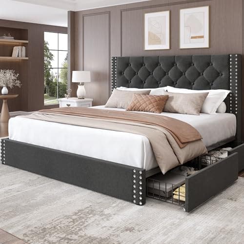 LARMACE Queen Size Bed Frame with 4 Storage Drawers and Tufted Headboard Linen Upholstered Platform Bed Frame with Heavy Duty Wood Slats, No Box Spring Needed, Easy Assembly, Grey - Image 1