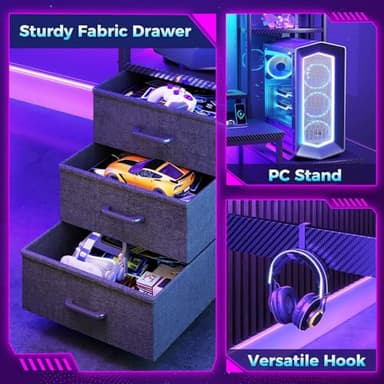 Casaottima 48 Inch Gaming Desk with Hutch & 3 Fabric Drawers, Computer Desk with USB Ports & LED Lights, Reversible Pc Gamer Table with Monitor Stand for Home Office, Carbon Fiber Black - Image 7