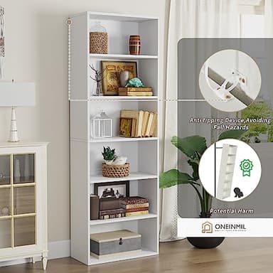 oneinmil Bookcase and Bookshelf, Floor Standing 6-Tier High Bookshelf, Display Storage Rack, Home Decorative Furniture, Suitable for Home Offices, Living Rooms, and Bedrooms,White - Image 3