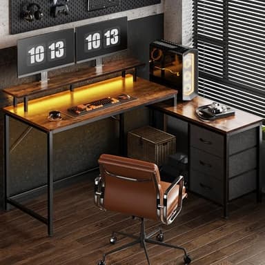 Huuger Reversible L Shaped Computer Desk with Drawers, Gaming Desk with LED Lights and Power Outlets, Office Desk with Storage, Monitor Stand, for Home & Office, Rustic Brown - Image 1
